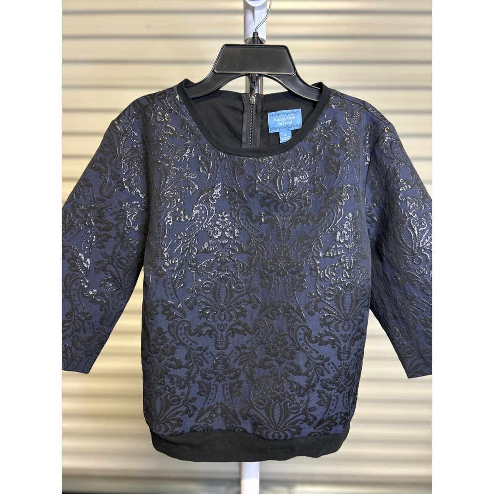 Simply Vera Vera Wang Top Women Medium Blue Brocade Metallic Blouse 3/4 Sleeve